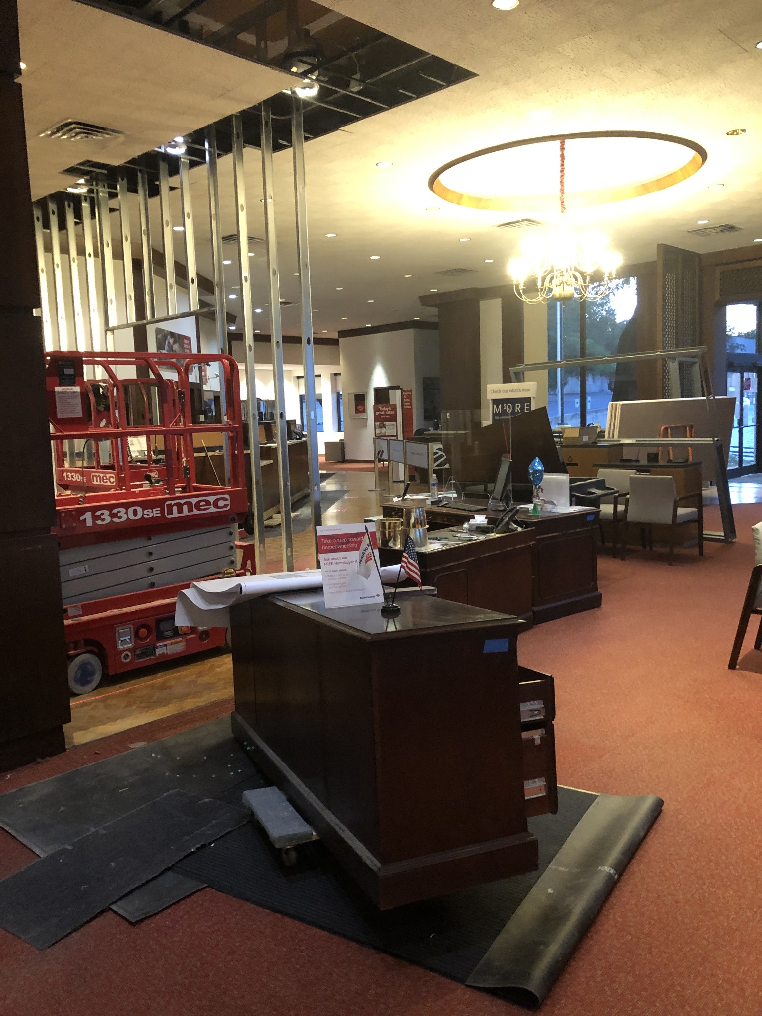 Metal framing and equipment inside a commercial interior