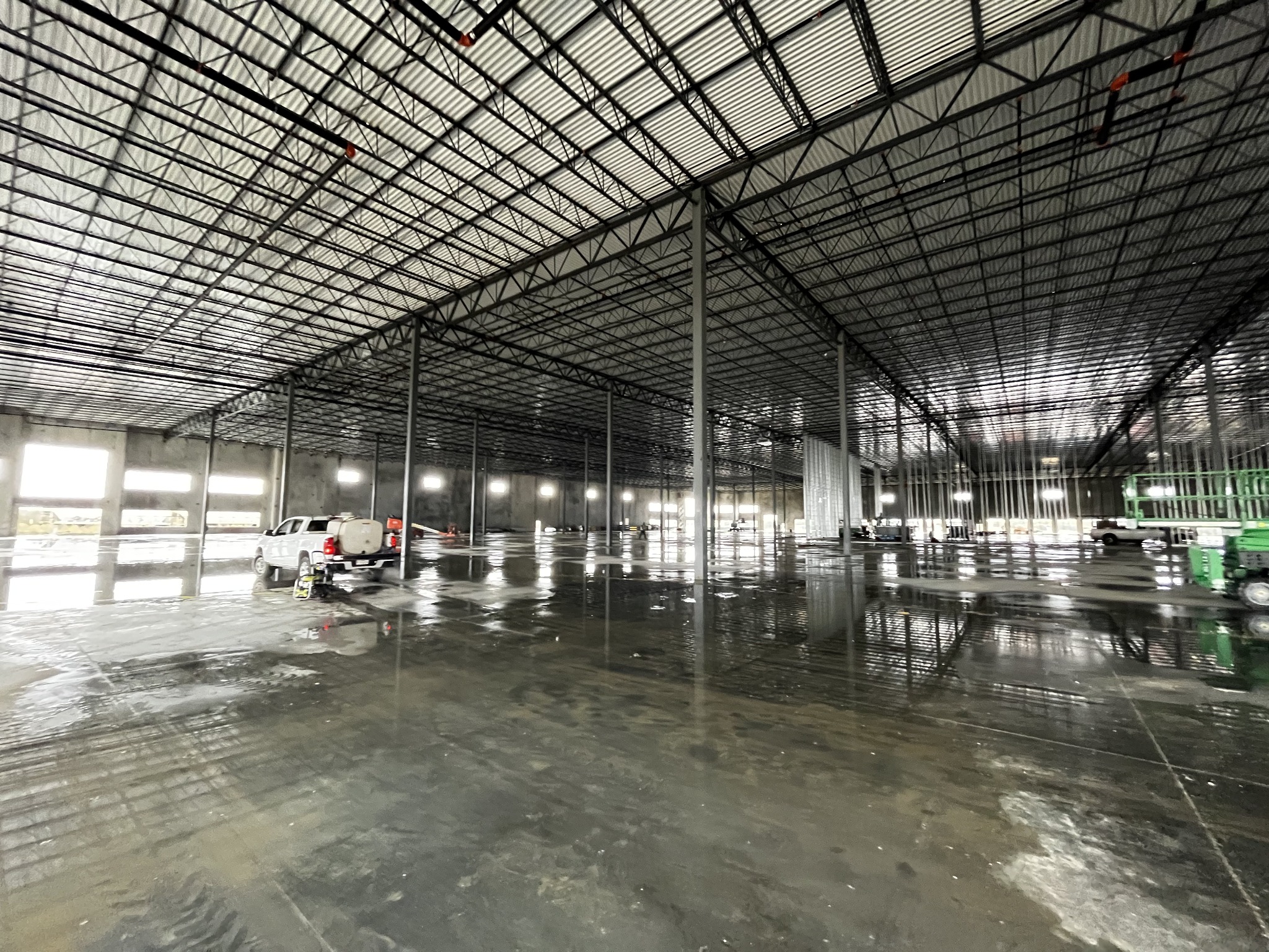 Large commercial space with metal framing in progress
